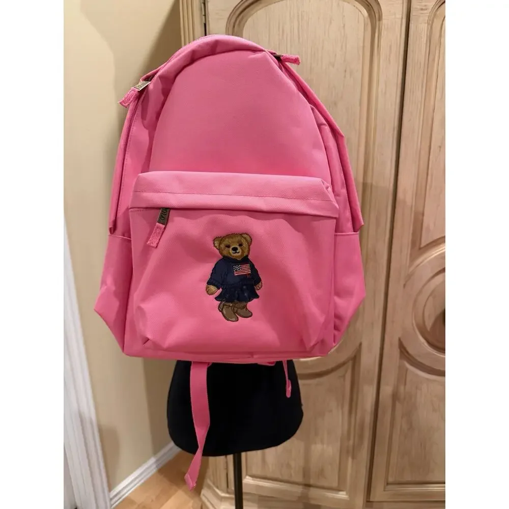 Polo Ralph Lauren Backpack Full Size Laptop Unisex Pink Bear School Bag Canvas